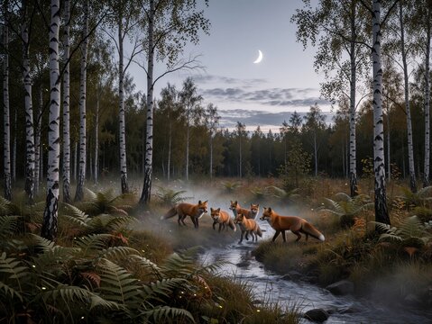 Family of Red Foxes Crossing a Forest Stream Under a Crescent Moon at Twilight