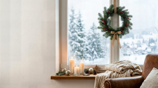 Christmas wreath on window with candles and cozy blanket christmas coziness