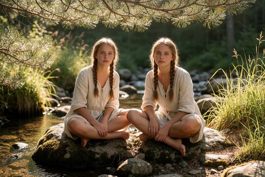 Two Young Women in Traditional Linen Clothing Sitting by a Forest Stream