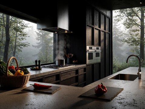 Modern Luxury Kitchen with Dark Wood Interior and Panoramic View of Misty Forest