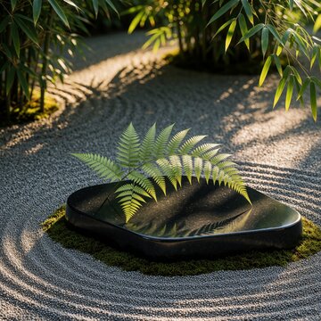 Zen Garden with Green Fern Leaf on Black Stone and Raked Sand Patterns