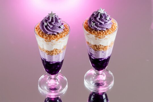 Two Elegant Purple Layered Parfait Desserts with Cream and Star Toppings on Pink Background