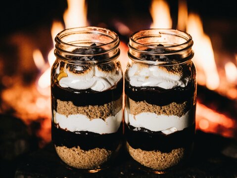 Two Layered Chocolate and Cream Desserts in Glass Jars with Campfire Background