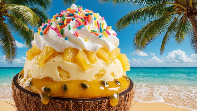 Tropical Pineapple and Coconut Dessert with Whipped Cream on a Sunny Beach Background