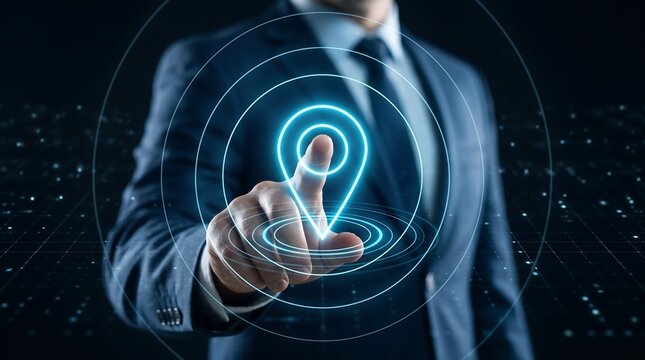 Businessman Using Digital Location Pin for Geolocation Tracking Technology