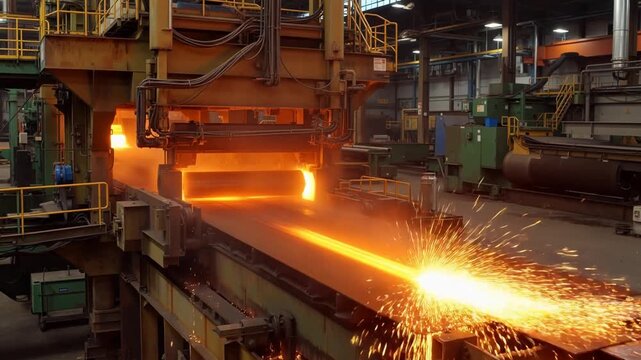 Glowing hot steel slab moving through industrial rolling mill with sparks flying in factory setting