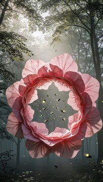 Surreal Giant Pink Flower Floating in a Misty Enchanted Forest with Flying Bees
