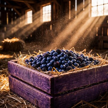 Fresh Blueberries and Blackberries in a Rustic Wooden Crate Inside a Sunlit Barn