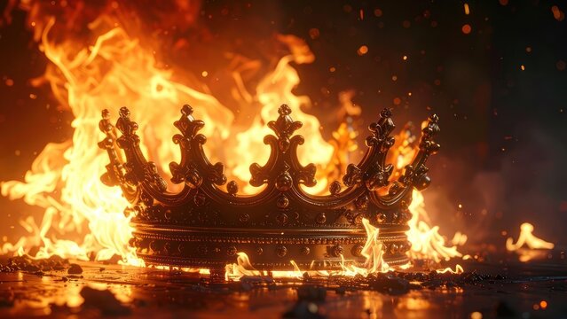 Golden crown engulfed in intense orange flames.
