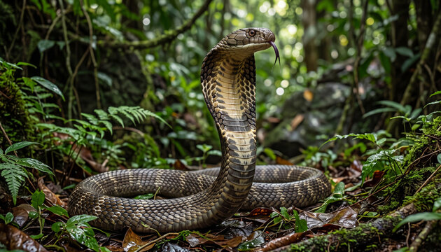 Thai cobra in rainforest photography of venomous monocled cobra spreading hood for wildlife conservation advertising, herpetology website banner, and dangerous reptile editorial