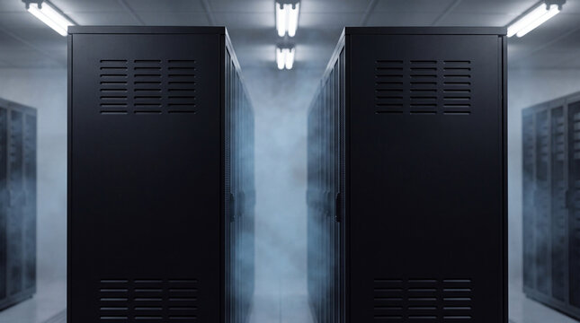 Long rows of dark server racks with atmospheric mist in a modern data center aisle.