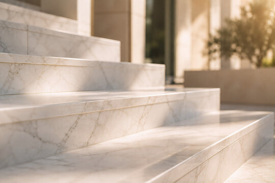 Elegante Marmortreppe im warmen Sonnenlicht vor modernem Geb&auml;ude
