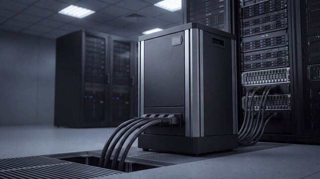 Advanced server cabinet in modern data center with network cables emerging from a raised floor for high-speed data.