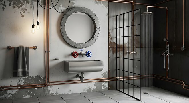 Industrial style bathroom interior with concrete walls exposed copper pipes and round mirror bathroom industrial interior concrete plumbing fixtures