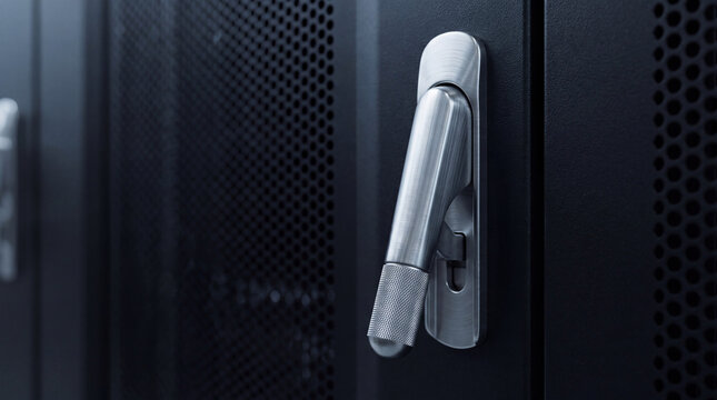 Modern industrial silver handle with textured grip on a dark server rack panel, emphasizing secure and ergonomic design
