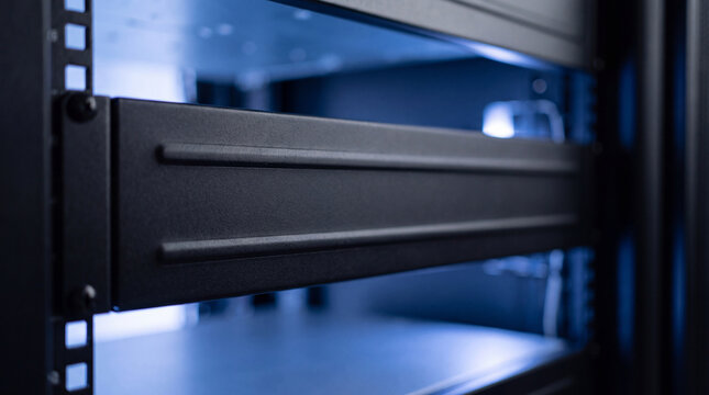 Empty server rack shelf detail in a modern data center with blue ambient lighting.