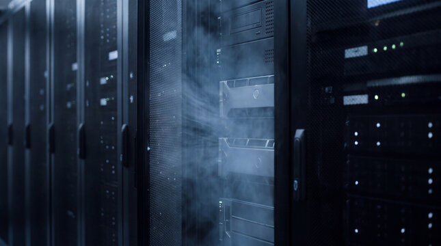 Cool air flow from multiple server racks in a large, modern data center environment.