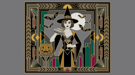 Fototapeta premium Art deco witch cocktail party illustration with pumpkin, bats, and moon, flat design vector