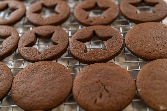 Close view chocolate cookies on cooling rack
