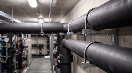 Comprehensive photograph showcasing large black insulated pipes running through a modern industrial...