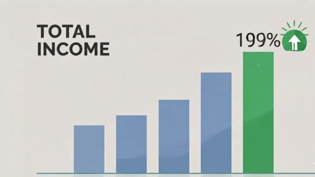A motion graphics animation displaying total income growth on a rising bar chart, highlighting a 100% target reached with a green bar