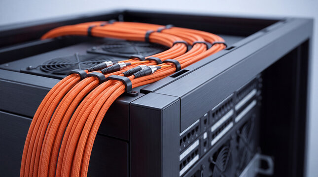 Close-up of neatly bundled orange network cables entering a dark server rack, highlighting essential data connections.