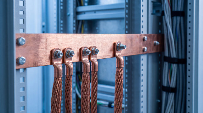 Detailed close-up photograph of a robust copper busbar system connecting multiple braided electrical cables in a modern.