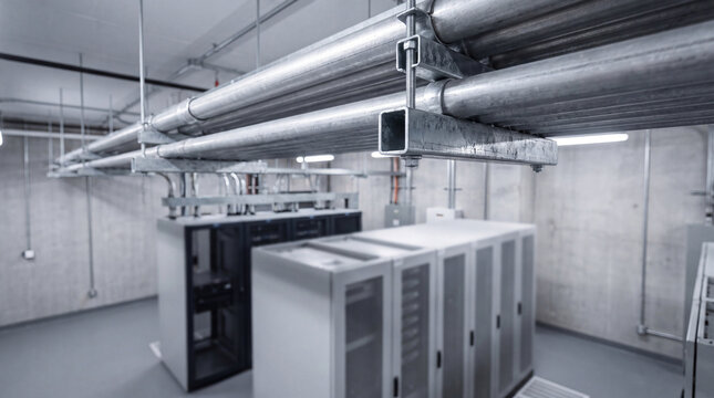 Spacious, modern data center server room with rows of racks and complex ceiling infrastructure for network computing.