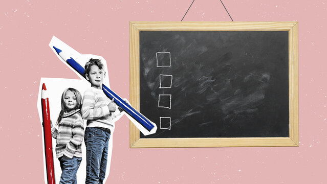 Two children with XXXL pencils, ready to go back to school. Isolated on free png background.