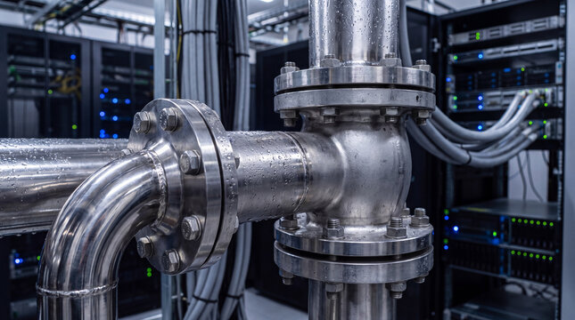 Close-up of industrial metal pipes with condensation, highlighting a specialized cooling system in a data center.