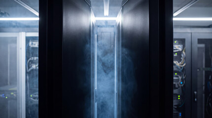Fototapeta premium Expansive view of a long, dark corridor lined with server cabinets in a secure data processing facility.