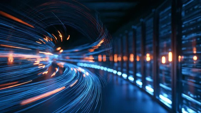 A curving server lane with futuristic LED data center bandwidth streaks. Neural network data flow, flashing LLM signals, and blue-lit server racks are all features of this generative AI cloud computin