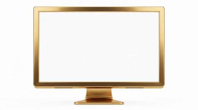 Luxurious golden computer monitor featuring blank screen with metallic frame isolated on white background
