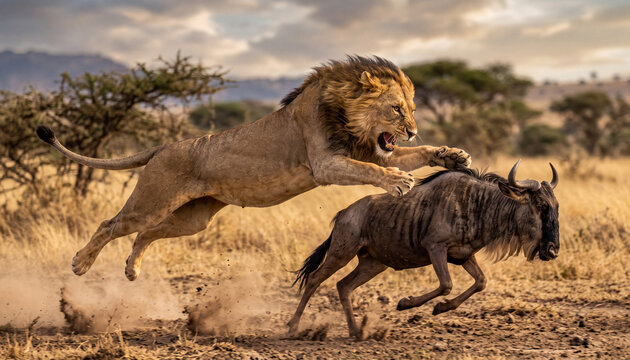 Male lion leaping prey attack photography of roaring wild lion chasing wildebeest in African savannah for safari wildlife advertising, nature documentary website banner, and predator editorial.