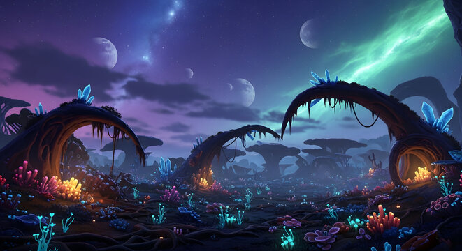 Futuristic Alien Landscape with Glowing Plants and Floating Islands.