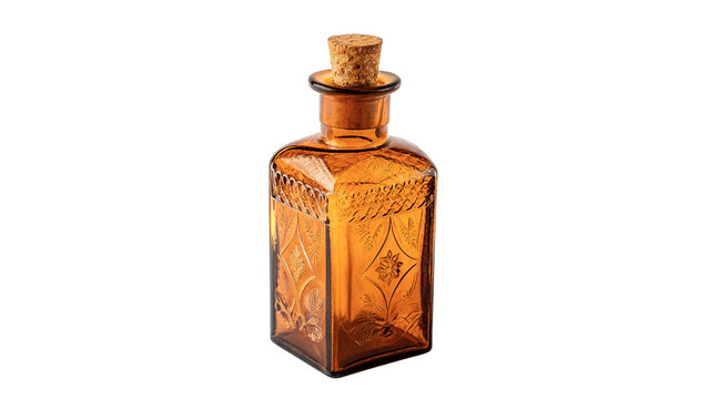 Vintage amber glass square medicine apothecary bottle isolated on transparent background cut out
