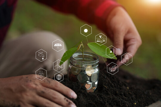 Sustainable Green Investment with Nurturing Plant and Environmental Tech Icons