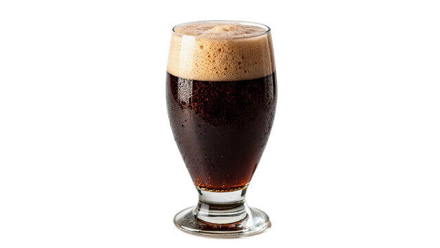 Glass of dark stout beer with thick creamy foam head isolated on transparent background cut out