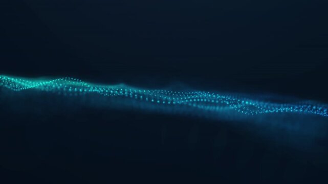 Cyan particle wave flows across a dark tech background, ideal for data visualization, digital interfaces, science visuals and modern 4k motion design.
