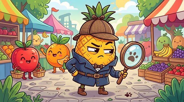 A cartoon pineapple detective wearing a trench coat and deerstalker hat, holding a magnifying glass in a colorful outdoor fruit market scene