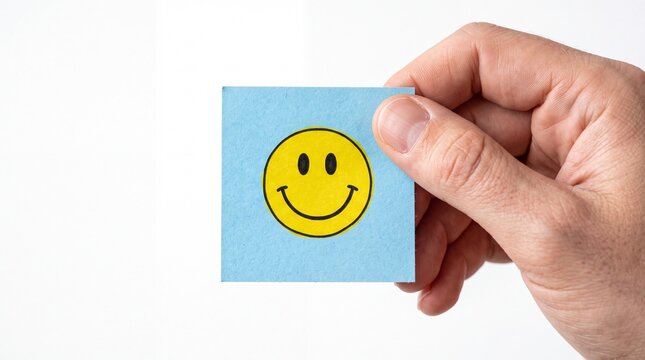 Human hand holding blue square paper featuring yellow smiley face illustration isolated on white background