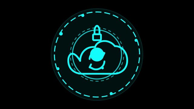 Cyan neon glowing cloud computing security icon featuring a padlock and sync symbol on a black background for high quality 4K technology motion graphics