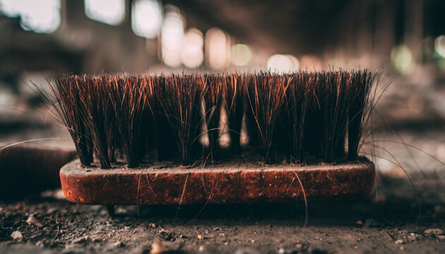 Close-up of a worn, circular scrub brush with bristles.