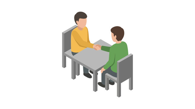Isometric 3D illustration of business handshake at table