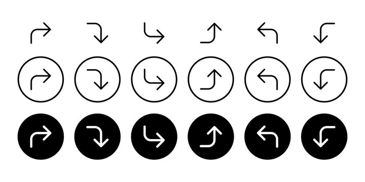 Right Angle Curved Arrow Icon Set. Navigation, Turn Signal and Directional UI Vectors