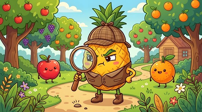 Cartoon pineapple detective wearing a deerstalker hat and vest, holding a magnifying glass on a dirt path in a fruit orchard with happy fruits