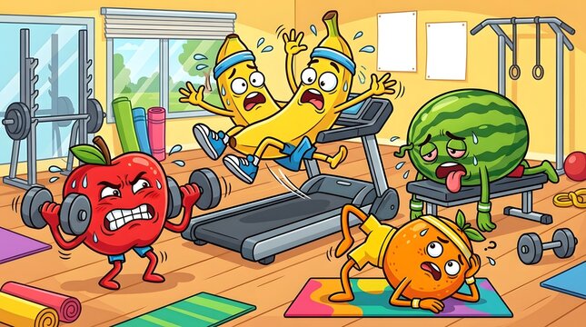 Anthropomorphic fruits exercising in a gym, including a weightlifting red apple, running bananas, a tired watermelon, and an orange doing yoga
