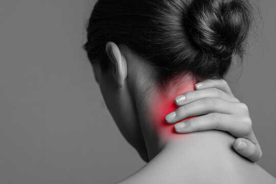 A person stands indoors, holding their neck with one hand, showing signs of discomfort. The focus is on the neck area which appears highlighted