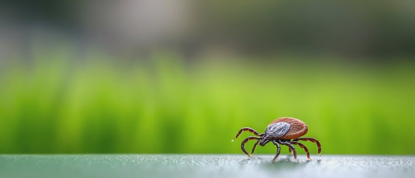 A close-up of a tick on a green surface.