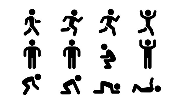 Human Body Motion and Physical Activity Solid Glyph Icon Set Featuring Walking Running Squatting and Stretching Fitness Pictogram Designs